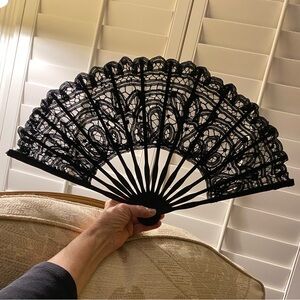 Large Black Battenberg Lace Hand Fan